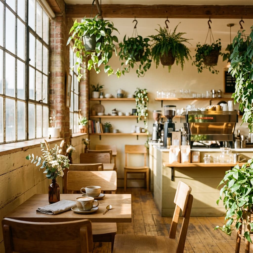 Brew & Blossom cafe interior with warm morning light